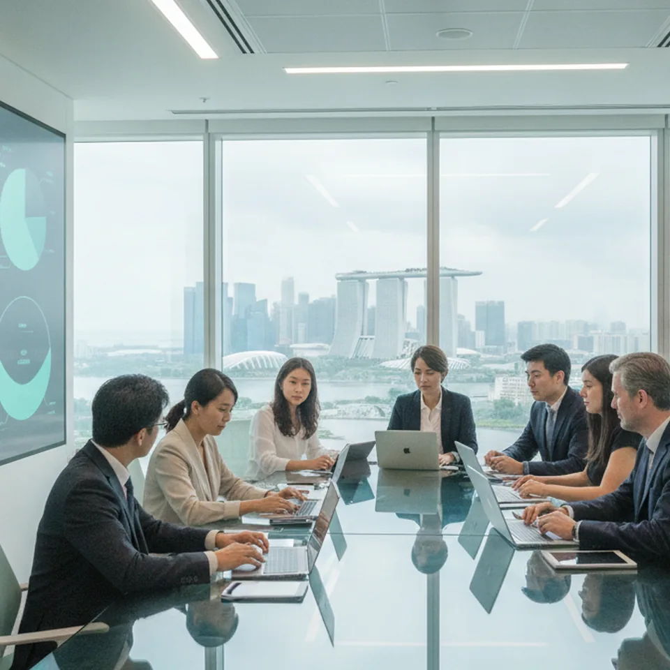 Singapore office team redesigning roles around AI tools, illustrating Job Redesign+ workforce transformation funding in 2026