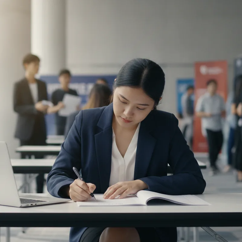 Fresh graduate reviewing her resume at a Singapore career fair