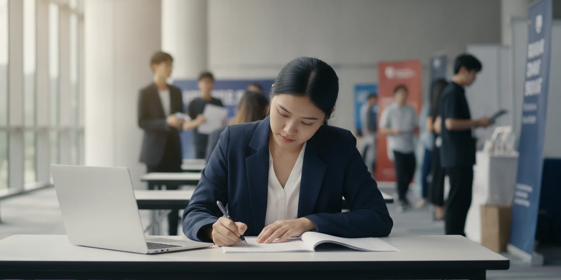 Fresh graduate reviewing her resume at a Singapore career fair amid the competitive 2026 entry-level job market