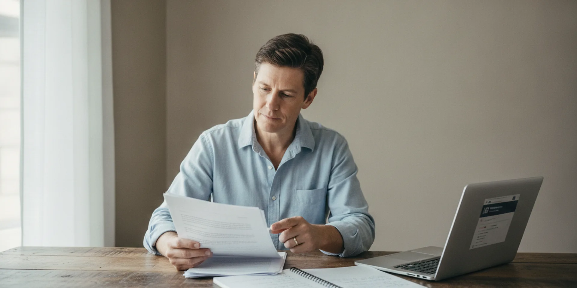 A mid-career professional reviewing employment paperwork and job search notes at a desk after being retrenched in Singapore