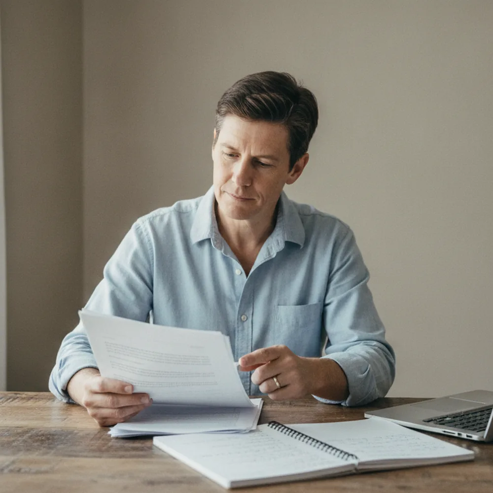 A mid-career professional reviewing employment paperwork after a retrenchment in Singapore