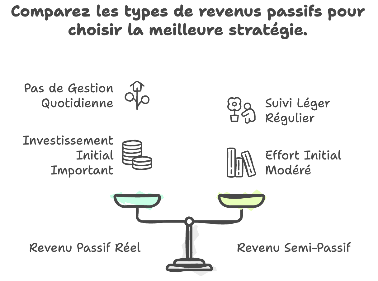 Types de revenus passifs: revenu récurrent sans gestion quotidienne, revenu semi-passif, revenu complémentaire actif