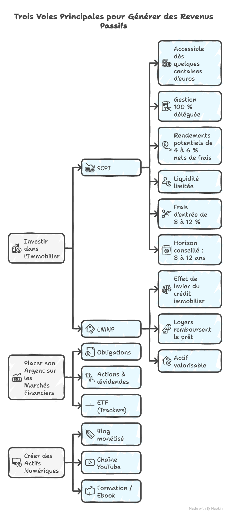 Les trois voies de revenus passifs : immobilier SCPI et LMNP, marchés financiers obligations et ETF, actifs numériques blog et YouTube