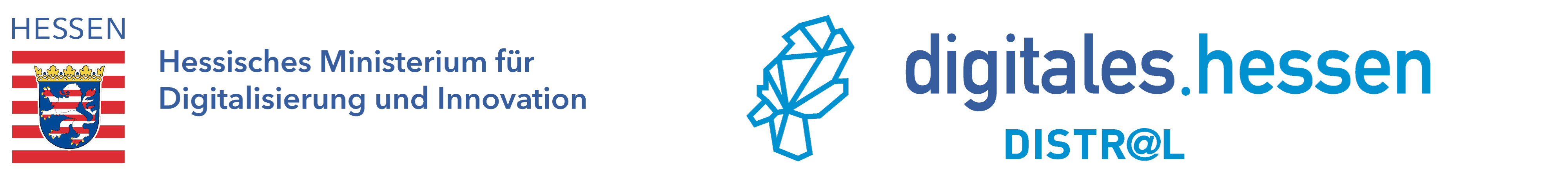 Logo des Hessischen Ministeriums für Digitalisierung und Innovation mit Hessen-Wappen, daneben Text digitales.hessen und DISTR@L.