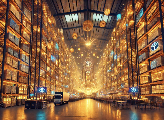 Monumentale bibliotheek met boekenplanken verlicht door gouden lichten die een spectaculair perspectief creëren