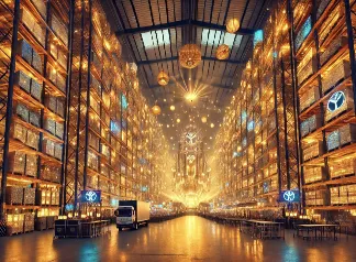 Bibliothèque monumentale avec des étagères de livres éclairées par des lumières dorées créant une perspective spectaculaire