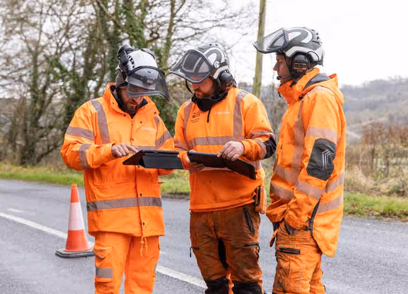 Three forestry workers discussing a plan