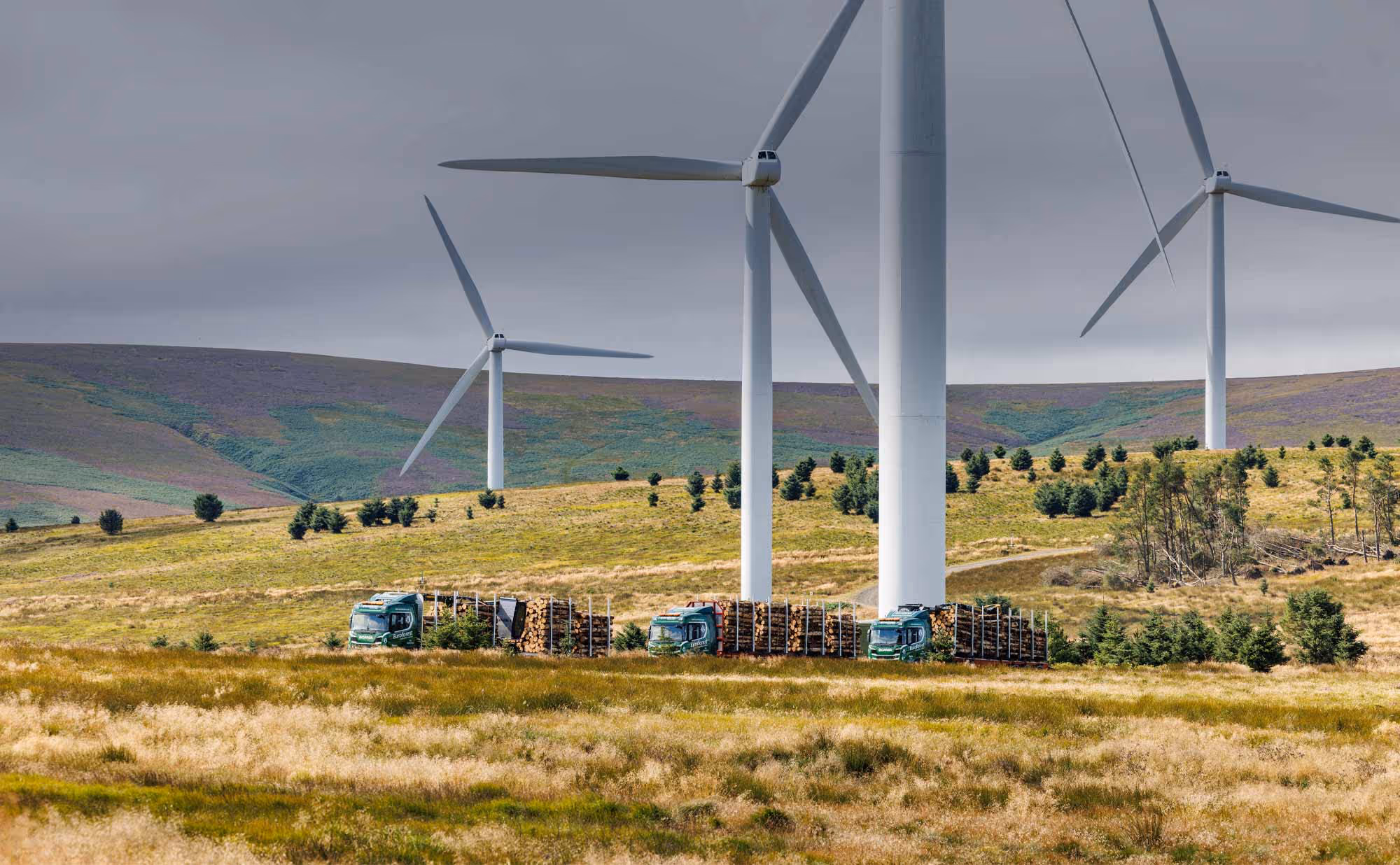 Euroforest Wind Farm with three Euroforest Lorries in foreground 