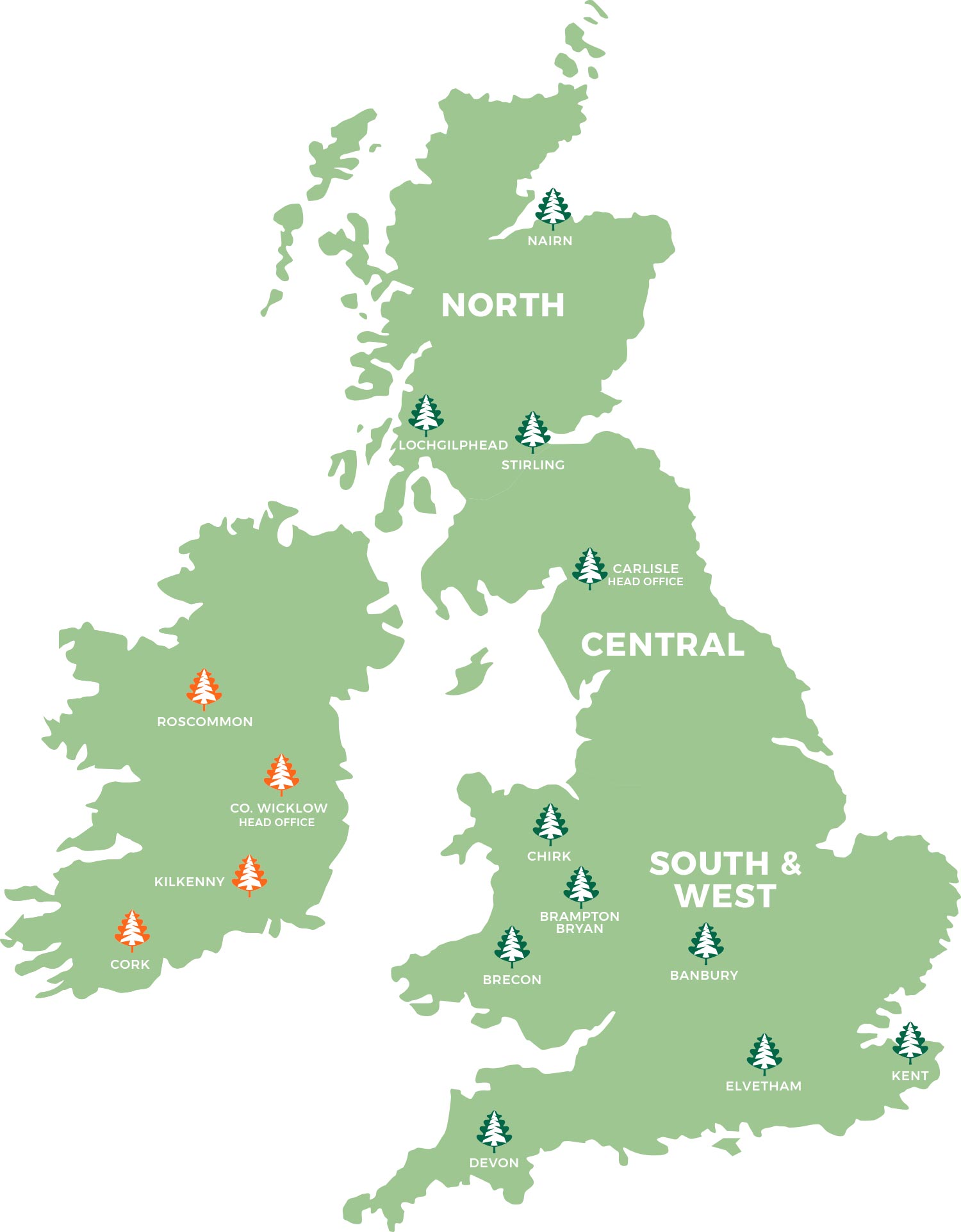 Map of UK and Ireland divided into regions