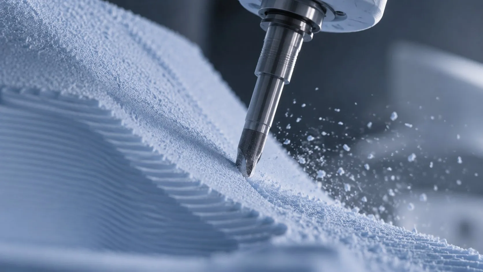 Ball-nose cutter finishing a blue tooling board pattern on a 5-axis machine at Shape
