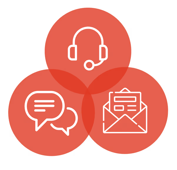 A red speech bubble with a headset and a chat icon