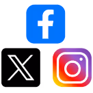 Fcebook, X, and Instagram icons.