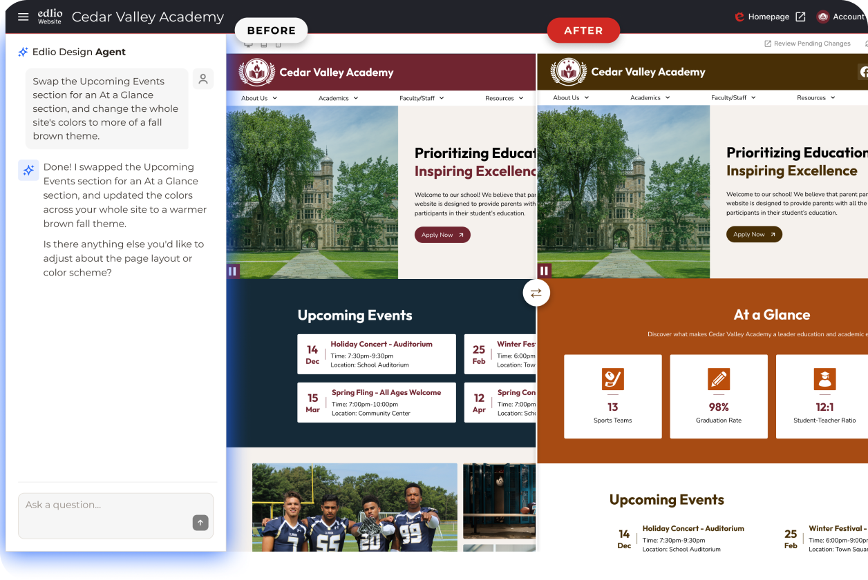 Edlio Design Agent chat interface showing a school website before and after a redesign