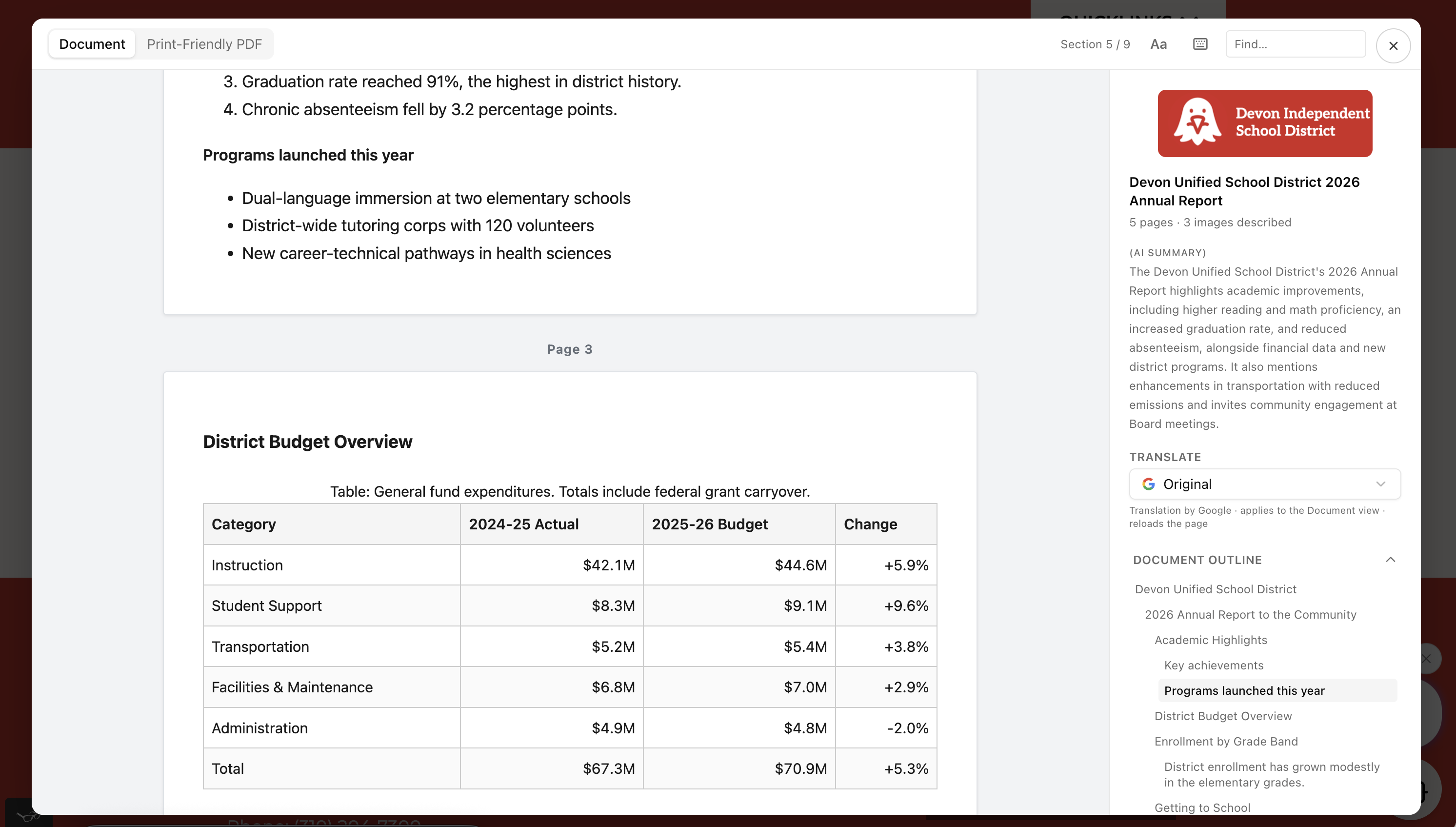 Edlio HTML document view of a district annual report, with AI summary, translation and document outline