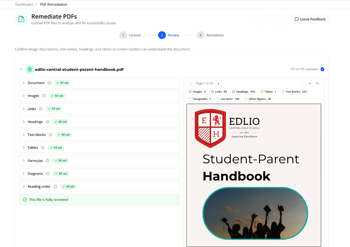 Edlio PDF remediation review screen showing a student-parent handbook fully reviewed