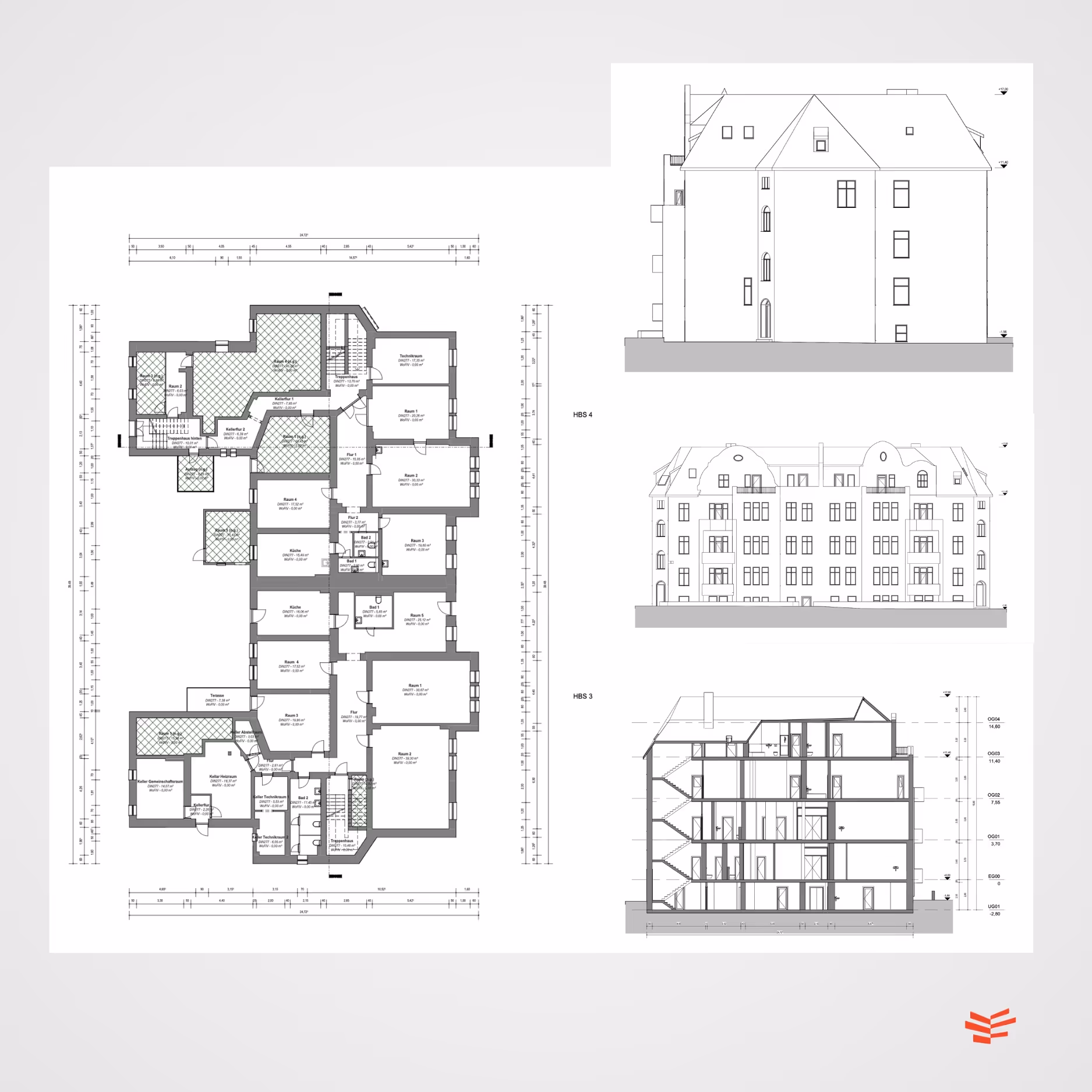Gebäudegrundriss als Teil präziser 2D-Planunterlagen