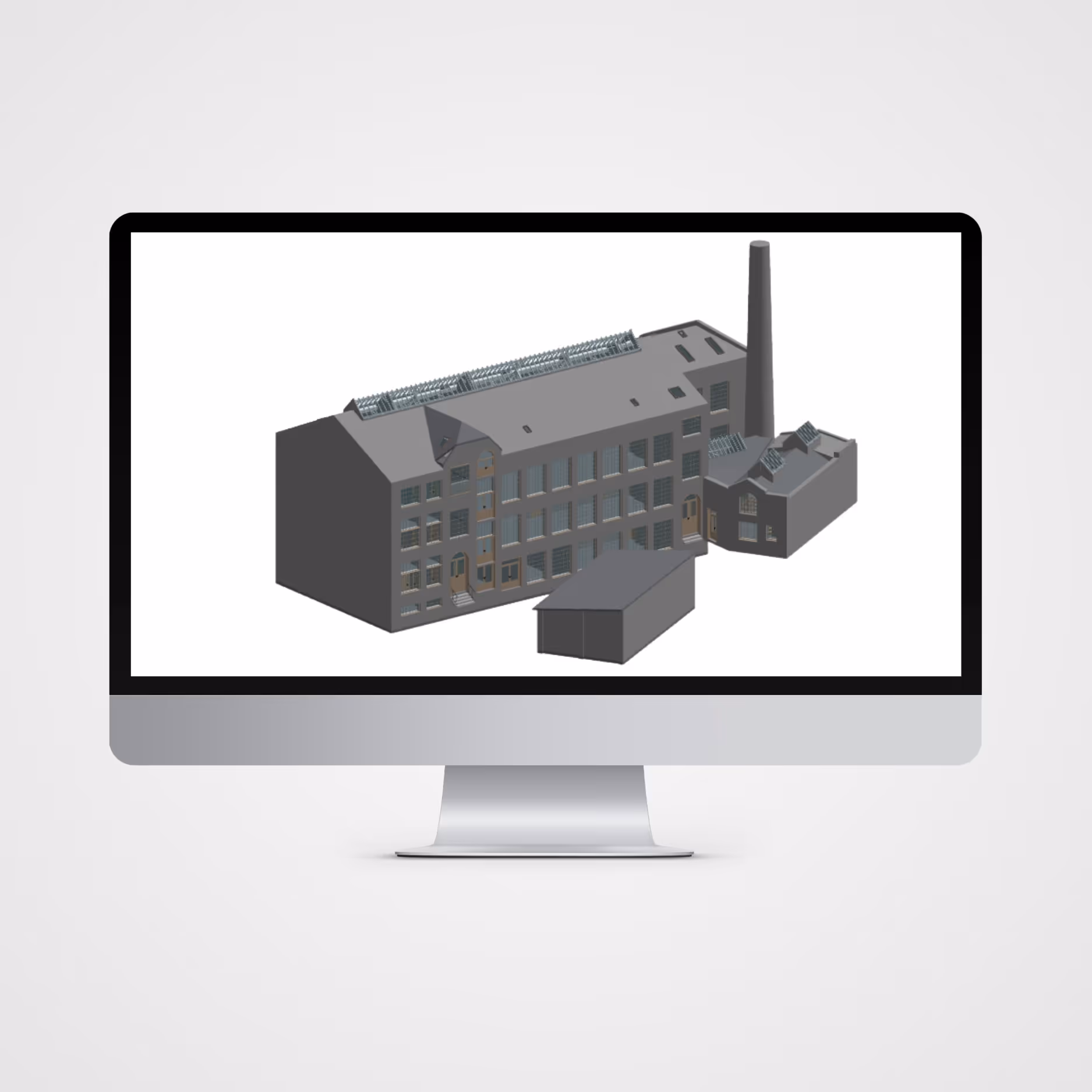 Bildschirm zeigt digitalen Zwilling eines Industrie-Gebäudes