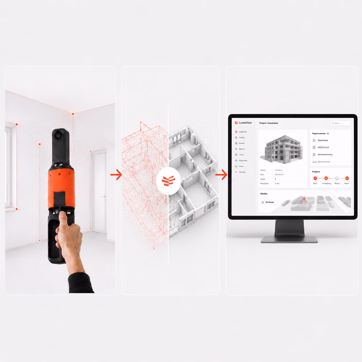 Bildschirm zeigt digitalen Zwilling eines Industrie-Gebäudes