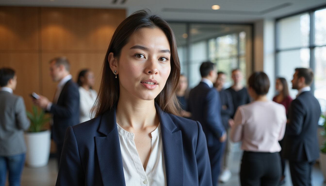 A confident young professional woman engages in networking event conversation.