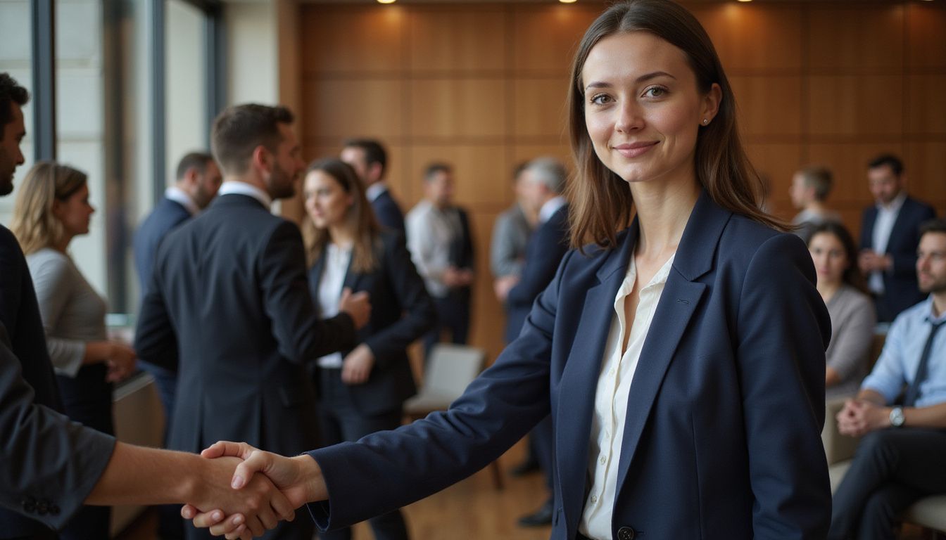 A professional young woman in a navy blazer confidently greets someone.