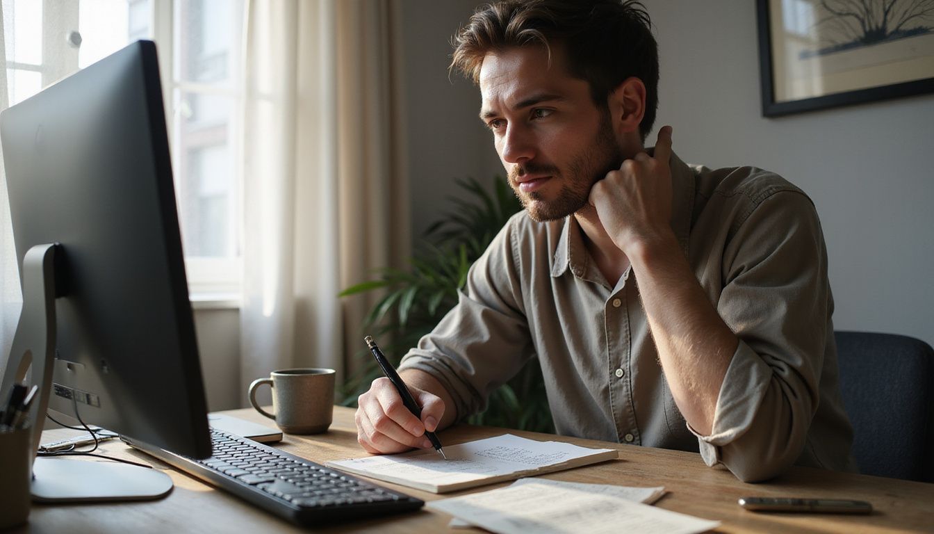 A person working at a cluttered desk in a home office.