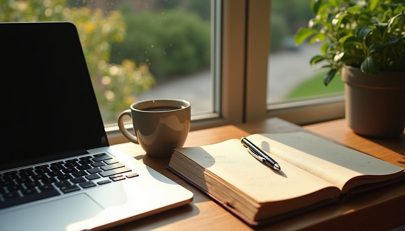 A neatly organized wooden desk with a laptop, notebook, and coffee.