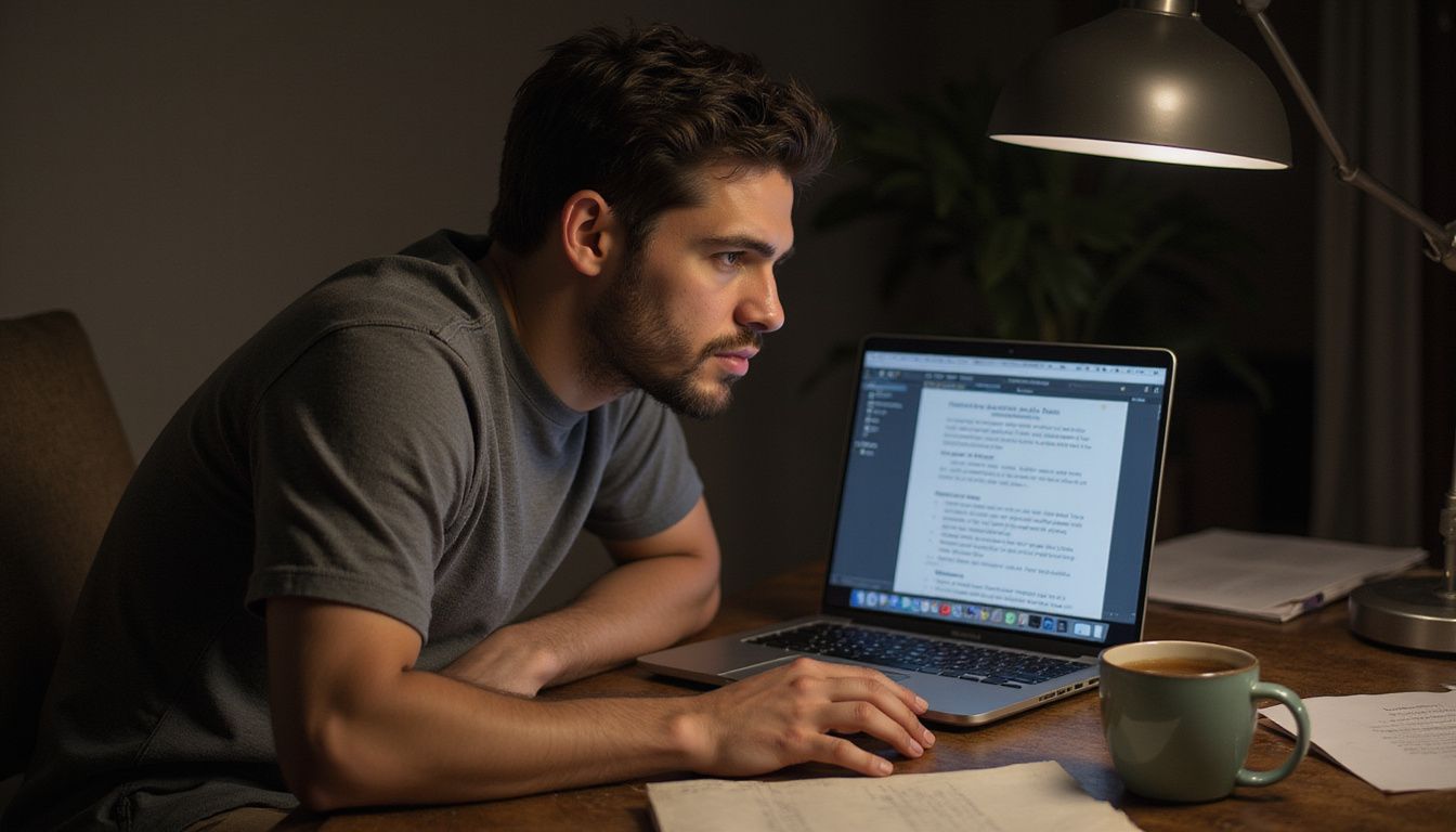 A person deeply focused on writing job application letters at a desk.