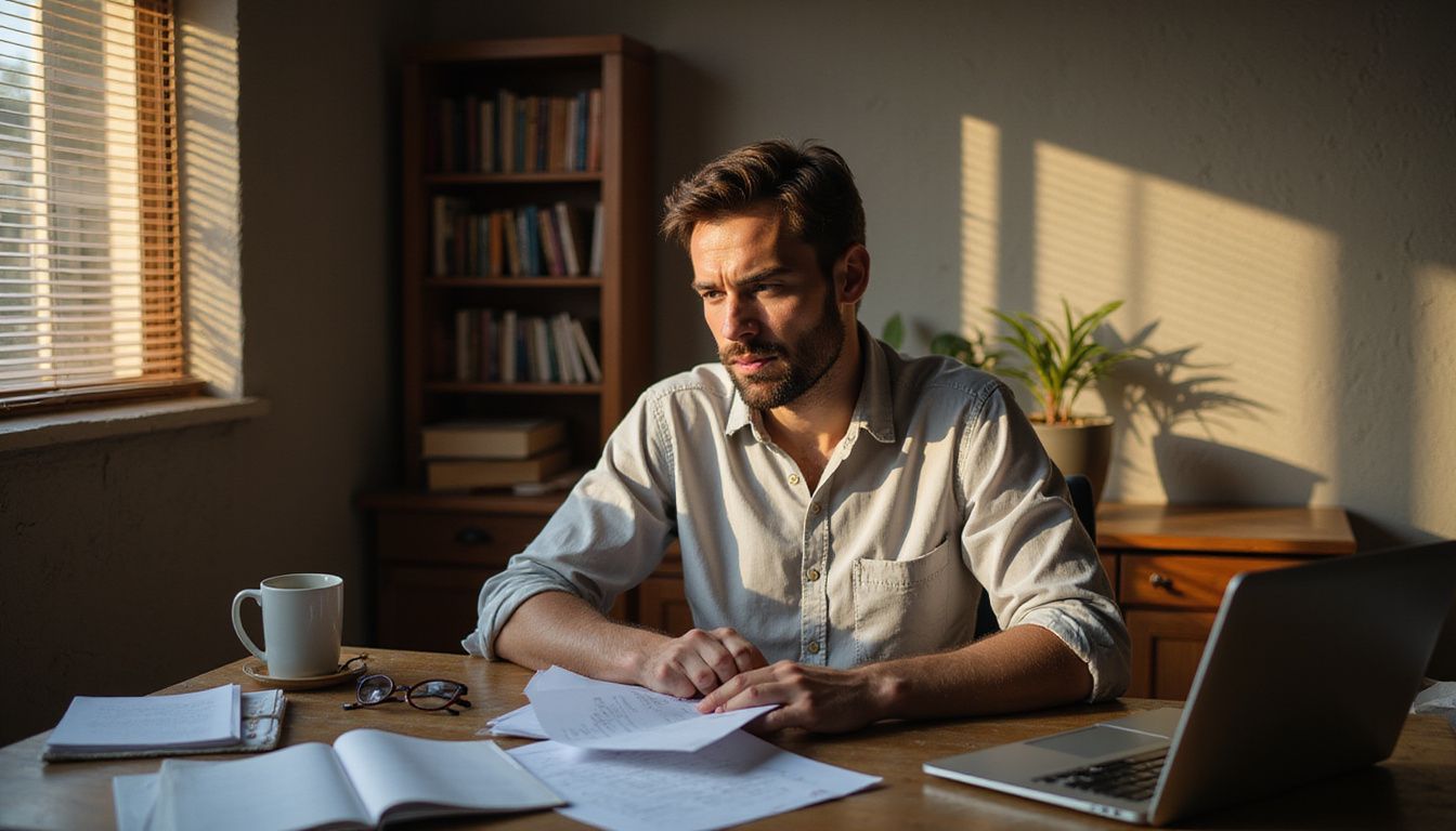 A focused man works at a cluttered desk in a peaceful workspace.