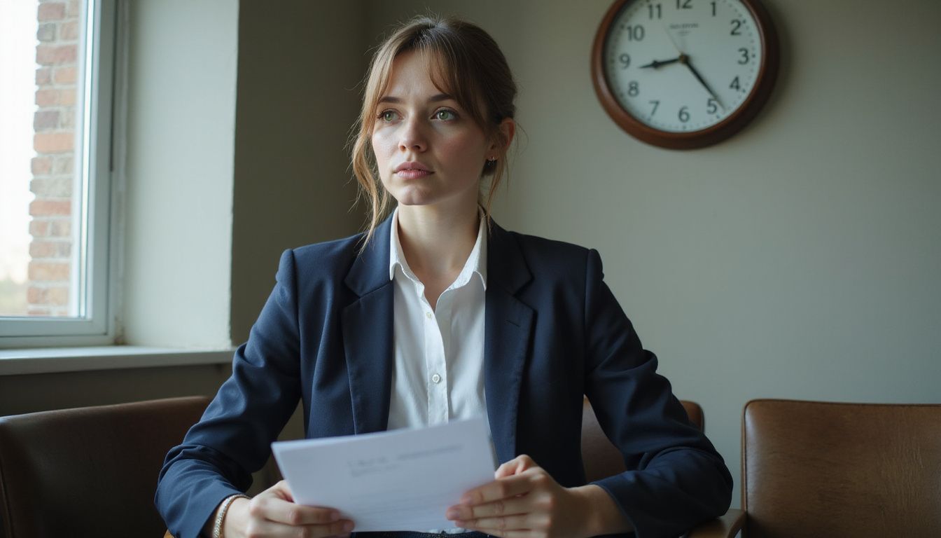 A young woman waits anxiously with her resume in a waiting room.