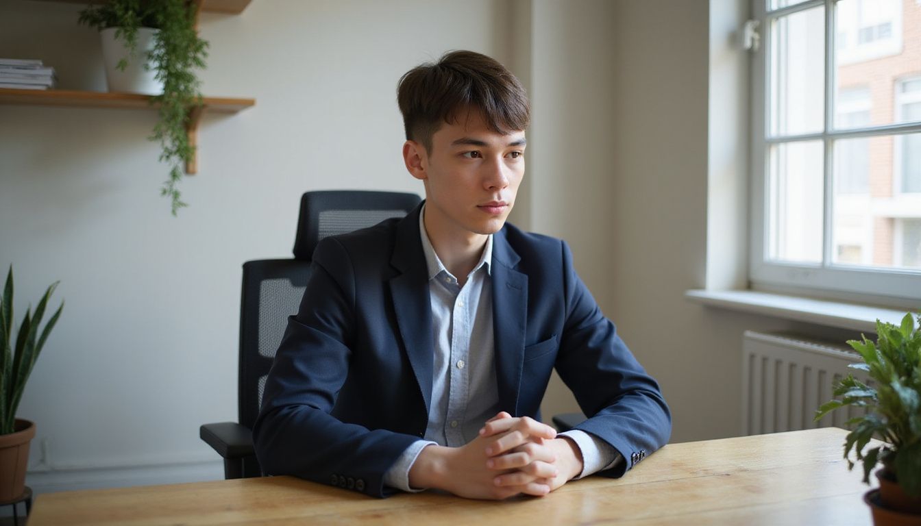 A young professional preparing for an interview in a cozy home office.