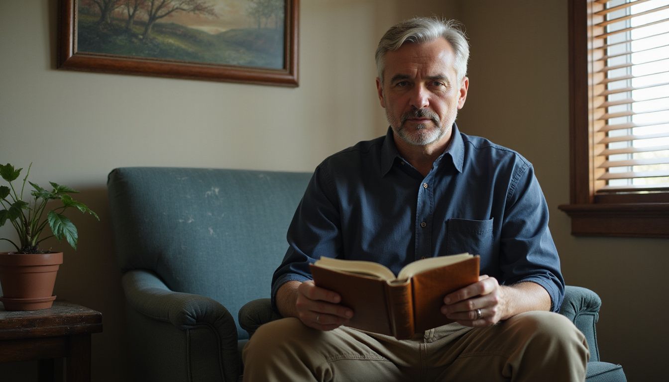 A nervous man waits in a modest room for a job interview.