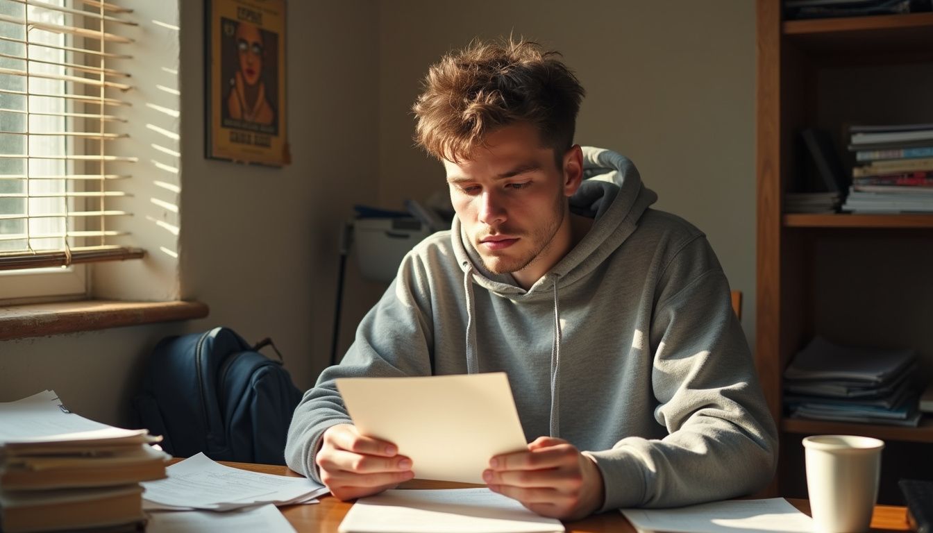 A college student in a hoodie sits at a cluttered desk, reading a letter of recommendation with a focused expression.