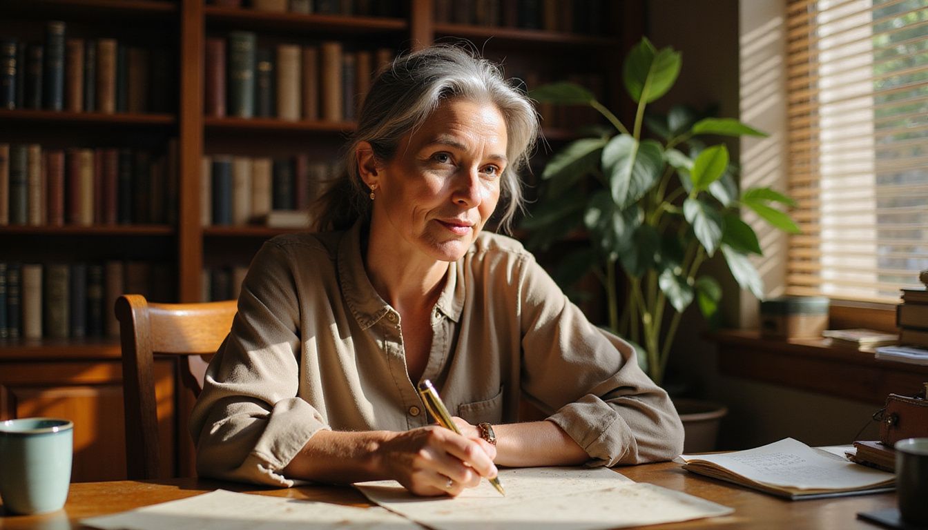 A woman in her 60s sits at a cluttered desk writing a letter.
