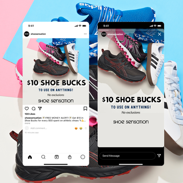 Image of 2 mobile screens with advertisements for shoes