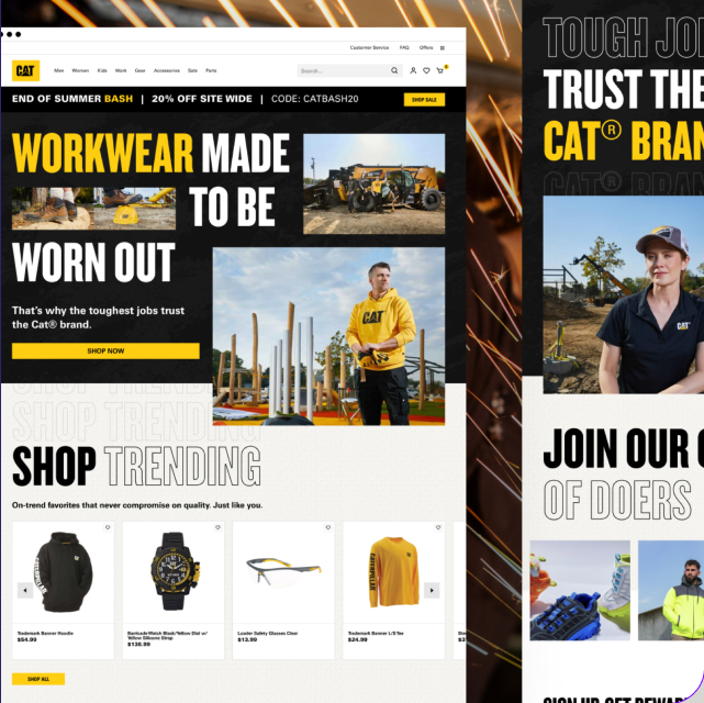 Screen shots of the shopcaterpillar website in black and yellow