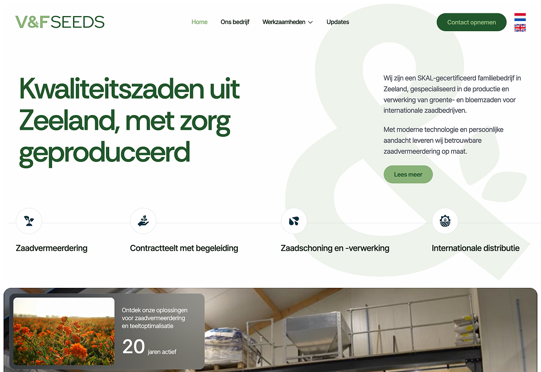 Website voor V&F Seeds, een bedrijf actief in de internationale zadenhandel.