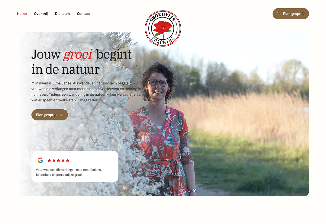 Website voor Groeiwijs Coaching, een praktijk voor wandelcoaching en persoonlijke ontwikkeling in de natuur.