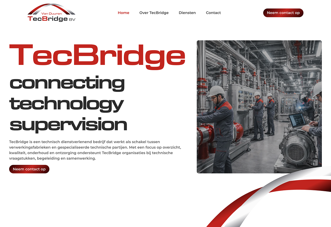 Website voor TecBridge, een bedrijf dat technische oplossingen en dienstverlening aanbiedt.