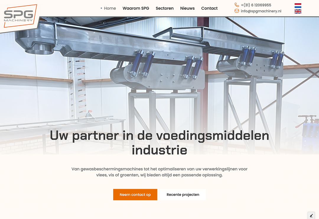 Website voor SPG Machinery om machines en technische oplossingen professioneel te presenteren aan bedrijven in de industrie.