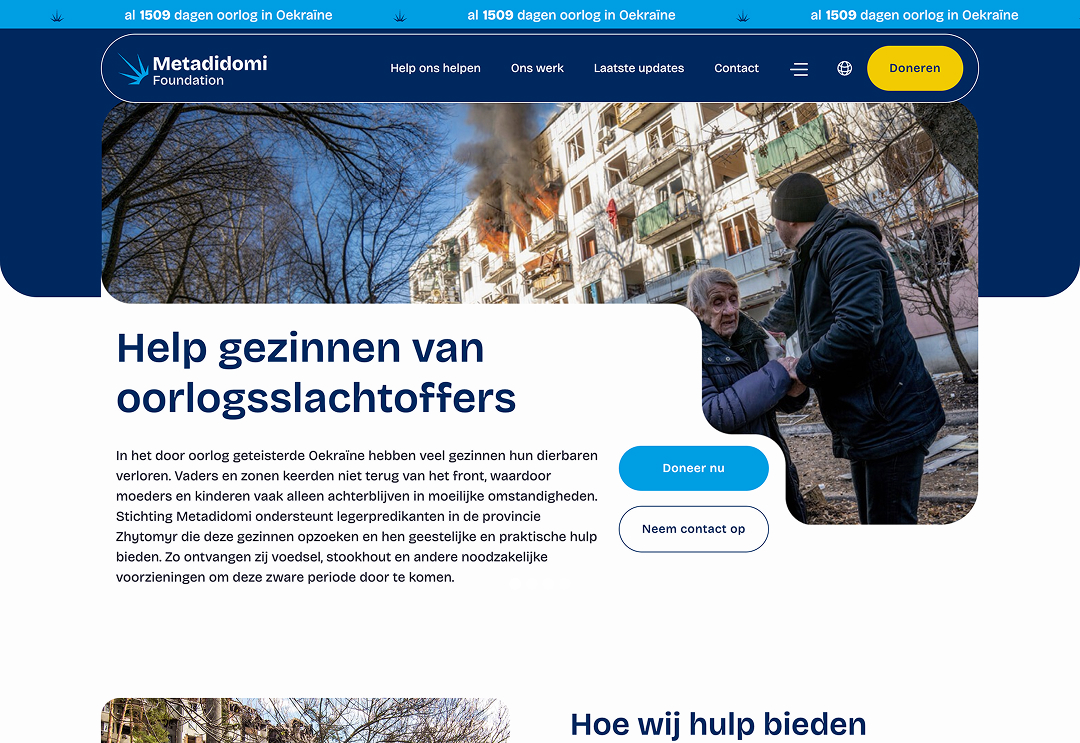 Website voor Metadidomi Foundation, een stichting die hulp en ondersteuning biedt aan mensen in nood.