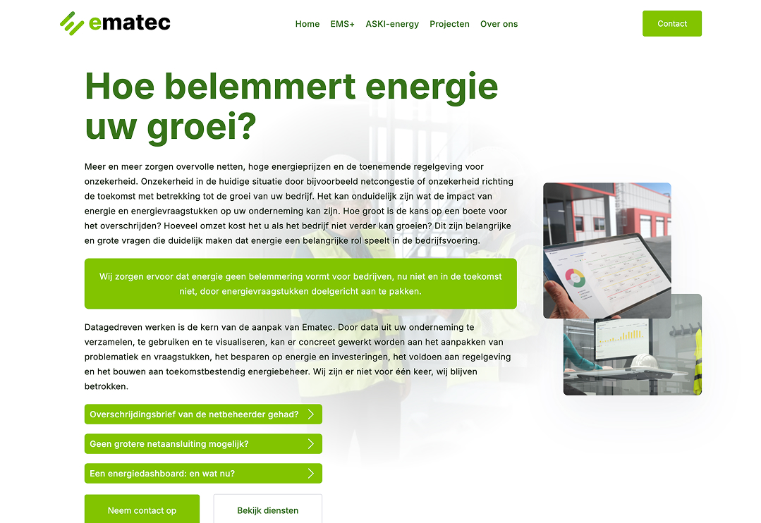 Website voor Ematec, een bedrijf gespecialiseerd in energiemanagement en energie monitoring voor bedrijven en organisaties.