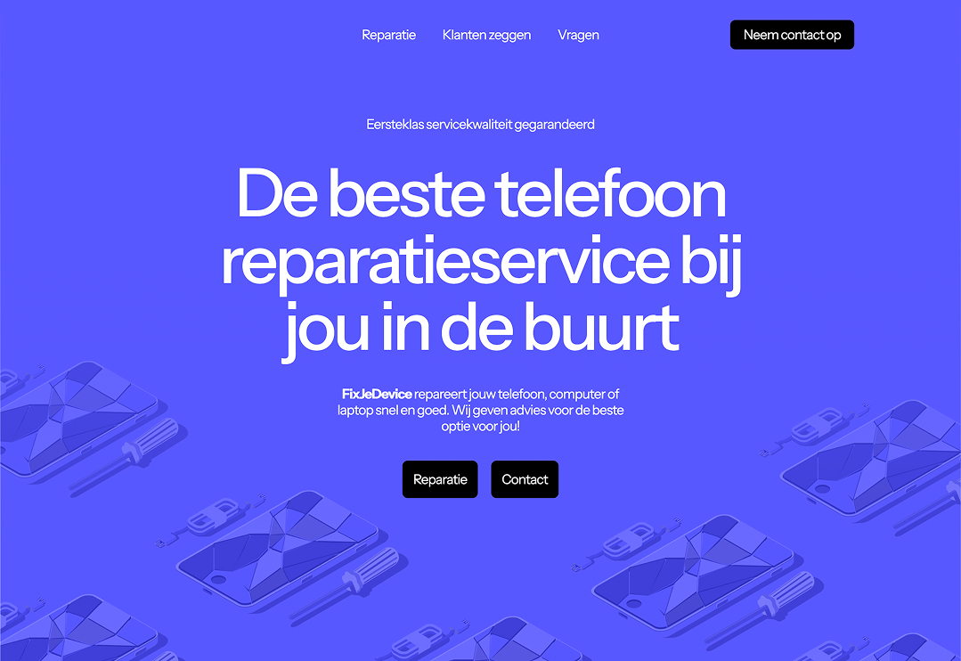 Website voor FixJeDevice, een reparatieservice voor smartphones en tablets met focus op duidelijke service informatie en snelle contactmogelijkheden.