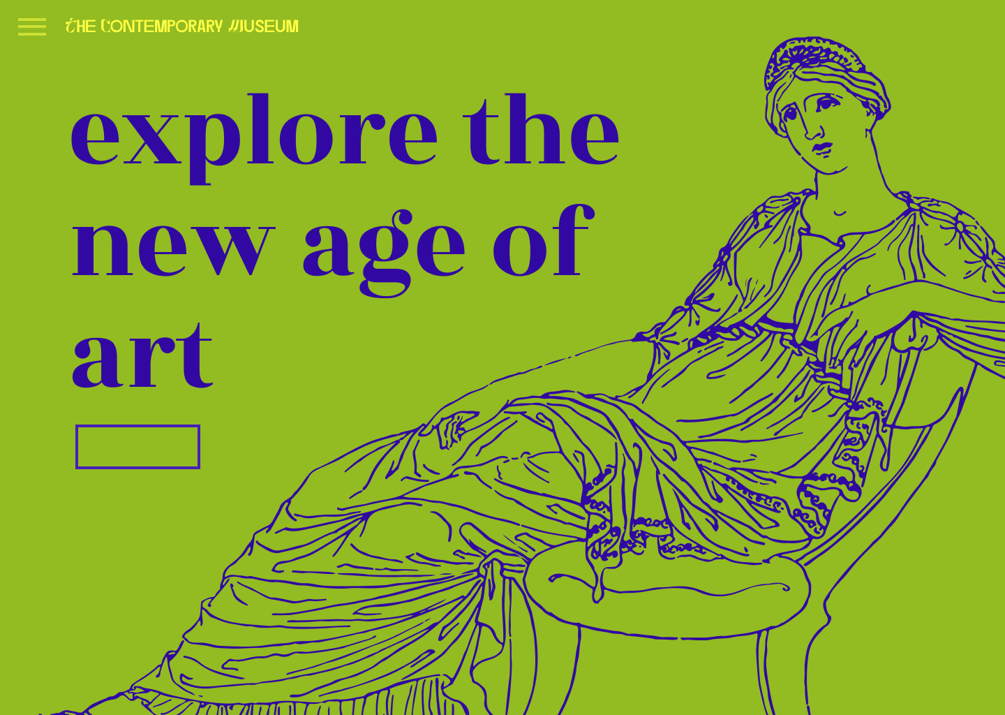 a website with an image of a sculpture of a lady sitting next to the words 'explore the new age of art' and the logo 'the contemporary museum' on top