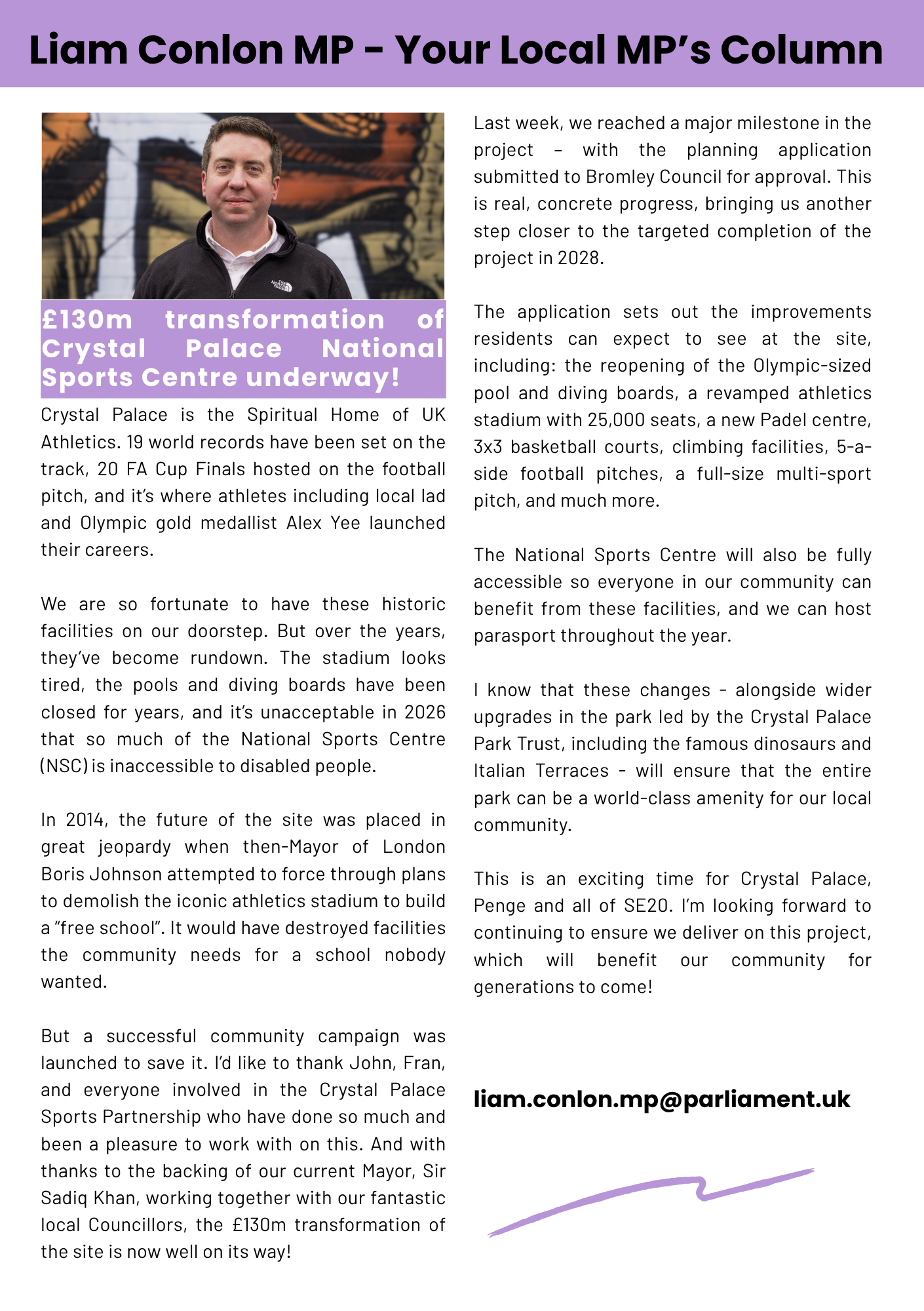 Liam Conlon MP update for SE20 Community Magazine