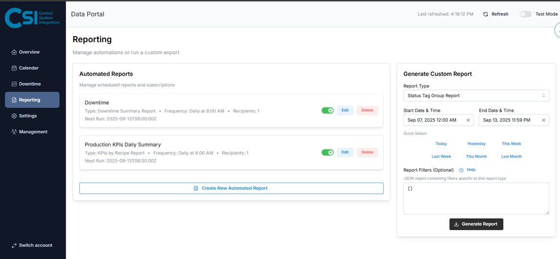 Dashboard with automated KPI reports for manufacturers