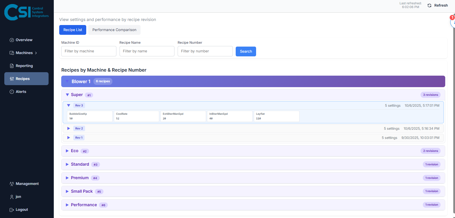 Dashboard with industrial machine Recipe and SKU comparison for Manufacturing