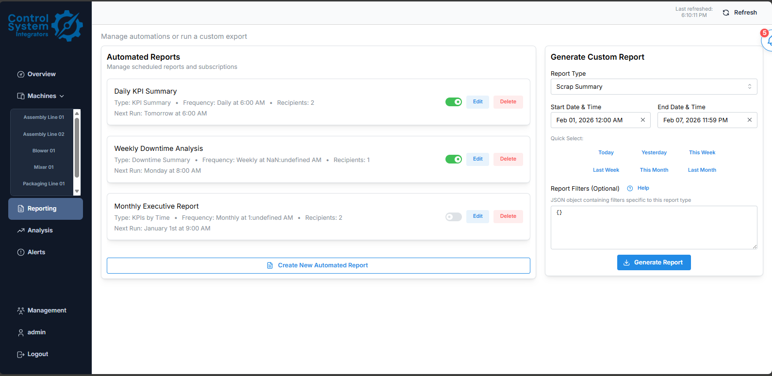 Dashboard with automated KPI reports for manufacturers
