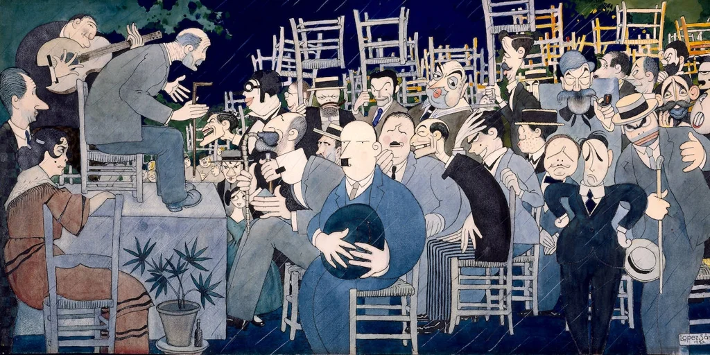 Caricature by Antonio López Sancho, for the ABC chronicle, of the big downpour that fell in Granada on the second day of the Concurso de Cante Jondo.