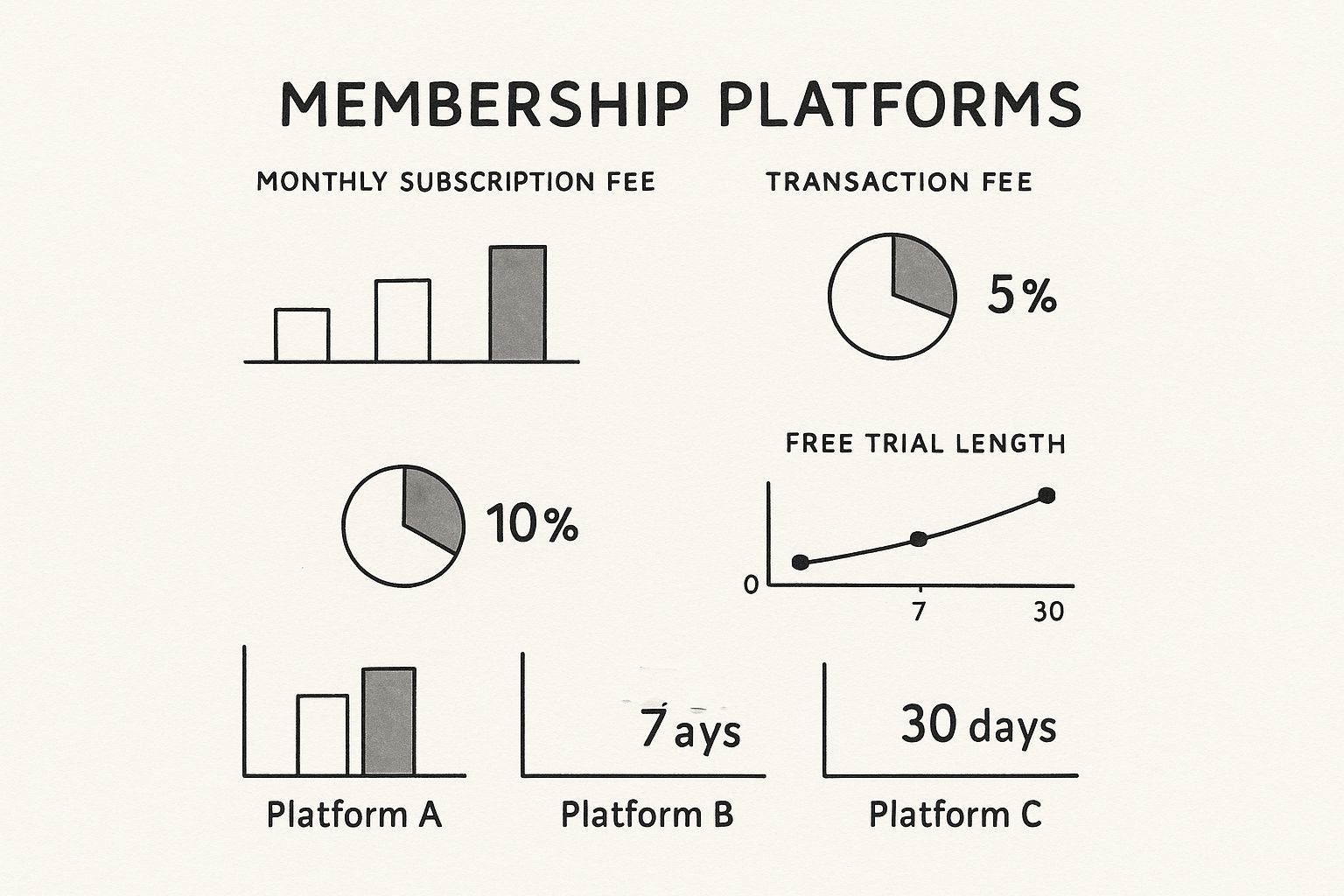 Infographic comparing the monthly subscription fee, transaction fee percentage, and free trial length for three different membership site platforms.