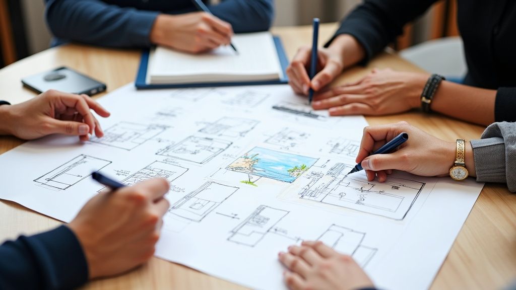 An event manager using a tablet to coordinate logistics in a modern conference hall, symbolizing seamless technology integration.